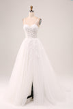 White A-Line Spaghetti Straps Corset Lace Tulle Long Wedding Dress