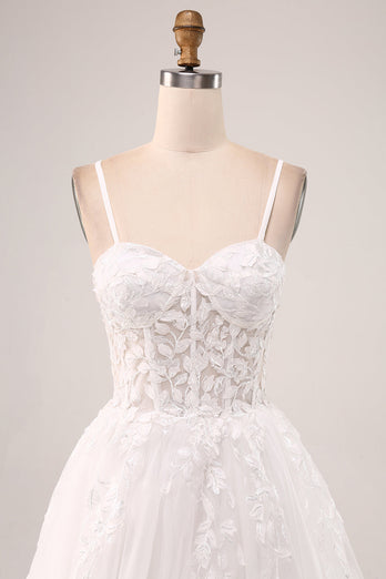 White A-Line Spaghetti Straps Corset Lace Tulle Long Wedding Dress