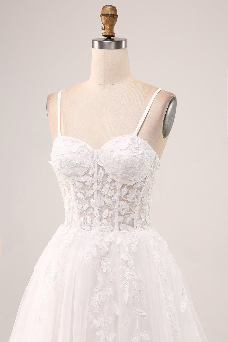Load image into Gallery viewer, White A-Line Spaghetti Straps Corset Lace Tulle Long Wedding Dress