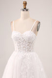 White A-Line Spaghetti Straps Corset Lace Tulle Long Wedding Dress