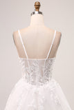 White A-Line Spaghetti Straps Corset Lace Tulle Long Wedding Dress