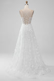 Ivory A Line Spaghetti Straps Applique Lace Corset Wedding Dress with Slit