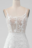 Ivory A Line Spaghetti Straps Applique Lace Corset Wedding Dress with Slit