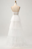 Ivory A-Line Tulle Tiered Corset Long Wedding Dress with Slit