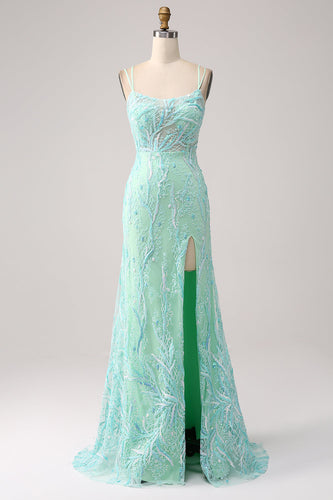 Green Mermaid Spaghetti Straps Sequins Long Formal Dress with Slit