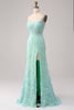 Load image into Gallery viewer, Green Mermaid Spaghetti Straps Sequins Long Formal Dress with Slit