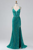 Dark Green Sparkly Mermaid Spaghetti Straps Corset Formal Dress With Slit