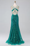 Dark Green Sparkly Mermaid Spaghetti Straps Corset Formal Dress With Slit