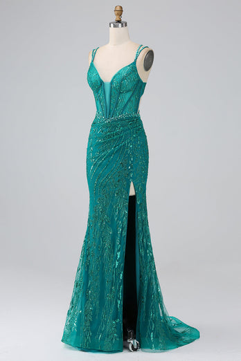 Dark Green Sparkly Mermaid Spaghetti Straps Corset Formal Dress With Slit