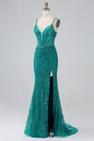 Dark Green Sparkly Mermaid Spaghetti Straps Corset Formal Dress With Slit