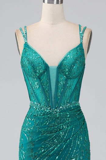 Dark Green Sparkly Mermaid Spaghetti Straps Corset Formal Dress With Slit