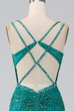 Dark Green Sparkly Mermaid Spaghetti Straps Corset Formal Dress With Slit