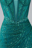 Dark Green Sparkly Mermaid Spaghetti Straps Corset Formal Dress With Slit