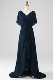 Navy A-Line V-Neck Long Chiffon Choir Dress with Beading