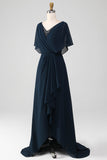 Navy A-Line V-Neck Long Chiffon Choir Dress with Beading