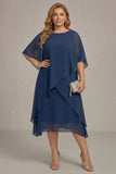 Navy Plus Size Chiffon A-Line Boat Neck Midi Mother of the Bride Dress