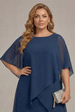 Navy Plus Size Chiffon A-Line Boat Neck Midi Mother of the Bride Dress