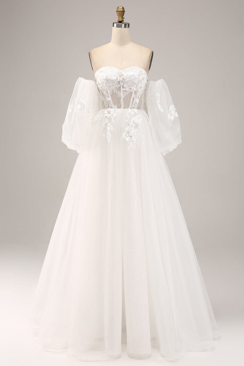 Load image into Gallery viewer, Off the Shoulder Tulle Wedding Dress with Appliques