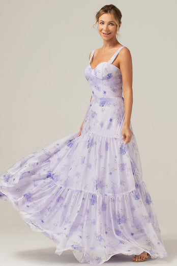 Lilac Corset Floral Print A-Line Long Bridesmaid Dress