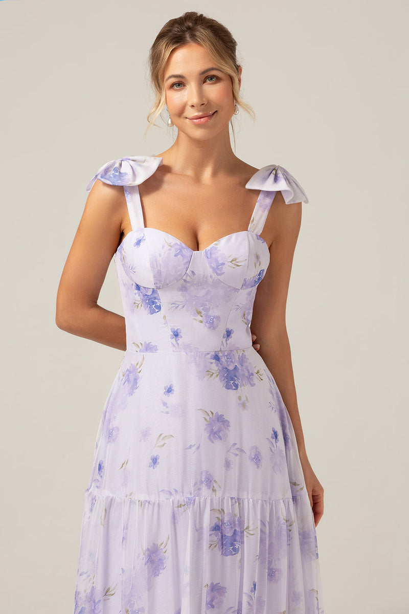 Load image into Gallery viewer, Lilac Corset Floral Print A-Line Long Bridesmaid Dress