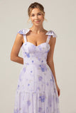 Lilac Corset Floral Print A-Line Long Bridesmaid Dress