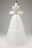 Ivory A-Line Off the Shoulder Tulle Wedding Dress