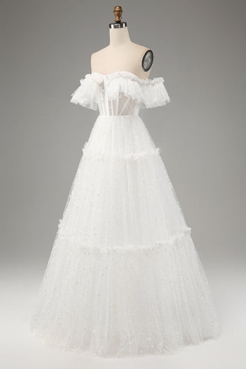 Ivory A-Line Off the Shoulder Tulle Wedding Dress
