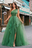 Dark Green Tulle A-Line One-Shoulder Long Formal Dress with Slit