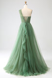 Dark Green Tulle A-Line One-Shoulder Long Formal Dress with Slit