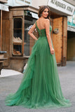 Dark Green Tulle A-Line One-Shoulder Long Formal Dress with Slit