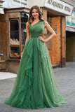 Dark Green Tulle A-Line One-Shoulder Long Formal Dress with Slit