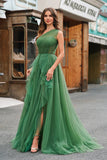 Dark Green Tulle A-Line One-Shoulder Long Formal Dress with Slit