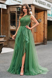 Dark Green Tulle A-Line One-Shoulder Long Formal Dress with Slit