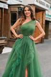 Dark Green Tulle A-Line One-Shoulder Long Formal Dress with Slit