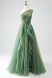 Dark Green Tulle A-Line One-Shoulder Long Formal Dress with Slit