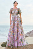 Mauve Ball-Gown/Princess Long Embroidered Formal Dress with Short Sleeves