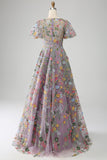 Mauve Ball-Gown/Princess Long Embroidered Formal Dress with Short Sleeves