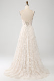 Apricot A Line Spaghetti Straps Appliques Long Wedding Dress with Slit