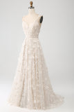 Apricot A Line Spaghetti Straps Appliques Long Wedding Dress with Slit