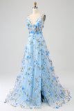 Gorgeous Sky Blue A Line Spaghetti Straps Long Prom Dress with 3D Flowers