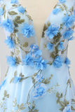 Gorgeous Sky Blue A Line Spaghetti Straps Long Prom Dress with 3D Flowers