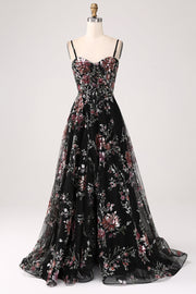 Black A-Line Flower Sequins Long Corset Fromal Dress