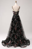 Black A-Line Flower Sequins Long Corset Fromal Dress