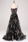 Black A-Line Flower Sequins Long Corset Fromal Dress