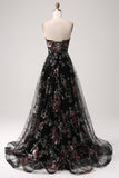 Black A-Line Flower Sequins Long Corset Fromal Dress