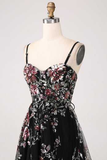 Black A-Line Flower Sequins Long Corset Fromal Dress