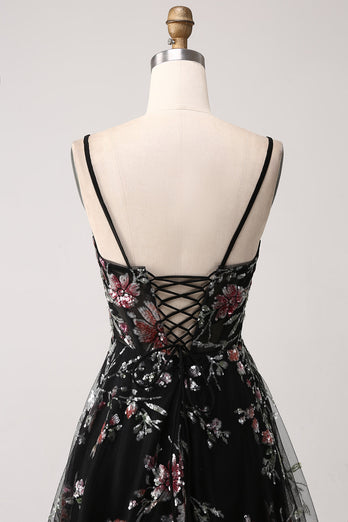 Black A-Line Flower Sequins Long Corset Fromal Dress