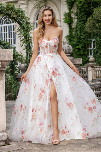 Ivory Flower A Line Sweetheart Embroidered Corset Formal Dress with Slit