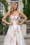 Ivory Flower A Line Sweetheart Embroidered Corset Formal Dress with Slit