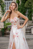 Ivory Flower A Line Sweetheart Embroidered Corset Formal Dress with Slit